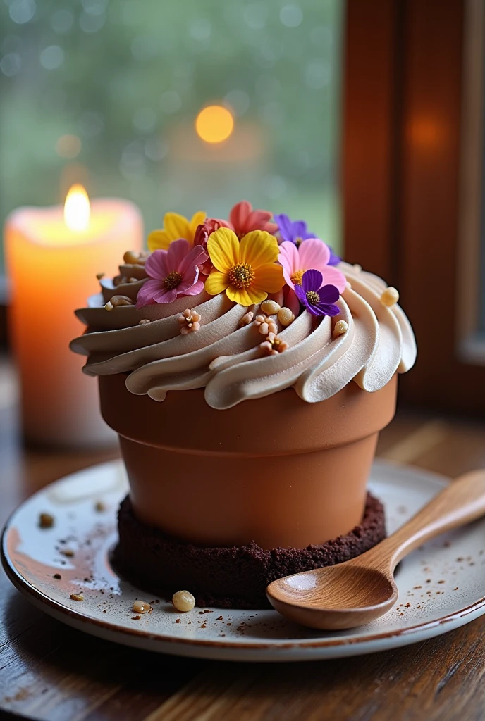 {Mocha Flower Pot Cake} -- A whimsical cake designed to resemble a blooming flower pot, inspired by a mocha latte with chocolate shavings and edible flowers. The cake is infused with rich mocha flavors and topped with a layer of whipped cream, mimicking the frothy top of the drink. The cake is decorated with chocolate "soil" and delicate edible flowers, giving the appearance of a blooming garden in a pot. A rustic wooden spoon is placed beside the cake, enhancing the cozy, homey feel. The cake is set against a backdrop of a rain-soaked window, with a candle flickering softly in the background, creating a serene and inviting atmosphere. -- {photorealistic}, {high-resolution}, {whimsical and cozy tones}, {luxurious cake photography}, {soft natural light}, {Instagram aesthetic}, {rustic charm}, {gourmet dessert experience}, {floral and mocha fusion}
