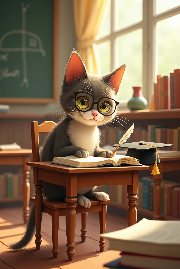 picture of a cat sitting in its classroom studying