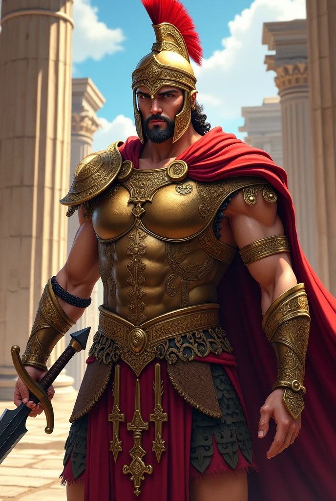 image of a Mycenaean warrior from ancient Greece holding a black-bladed sword, ((anime styling)), bronze armor with red vestments, maximum detail, best qualityer.        