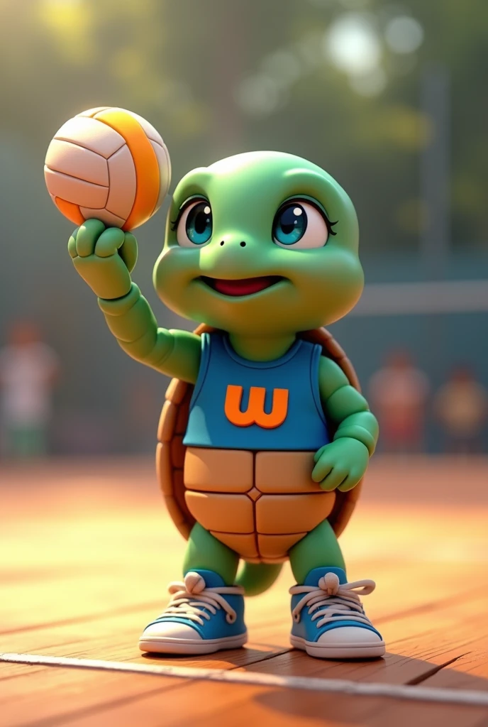 Waku, an adorable turtle with vibrant green skin and a rich brown shell, looks up with bright blue eyes shining with excitement, as if celebrating a triumphant spike, stands on a modern volleyball court covered with polished wooden floors, holding a volleyball in her hand, wearing a blue tank top with a stylized orange lowercase "W" logo on the chest, her tiny tennis shoes laced up and ready for the On the next serve, capturing the essence of its cheerful and competitive spirit, with soft, warm lighting casting a comforting glow on the overall scene.