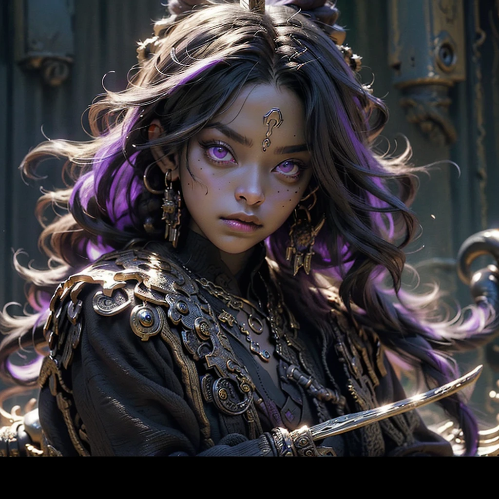 Dark, African American, MAN, indiffirent, powerful,mirroring DEMON,ONI, bewitching dreadlocks, dark clothing, dark armor, fantasy, gold purple and black color palette, determined deep purple eyes
