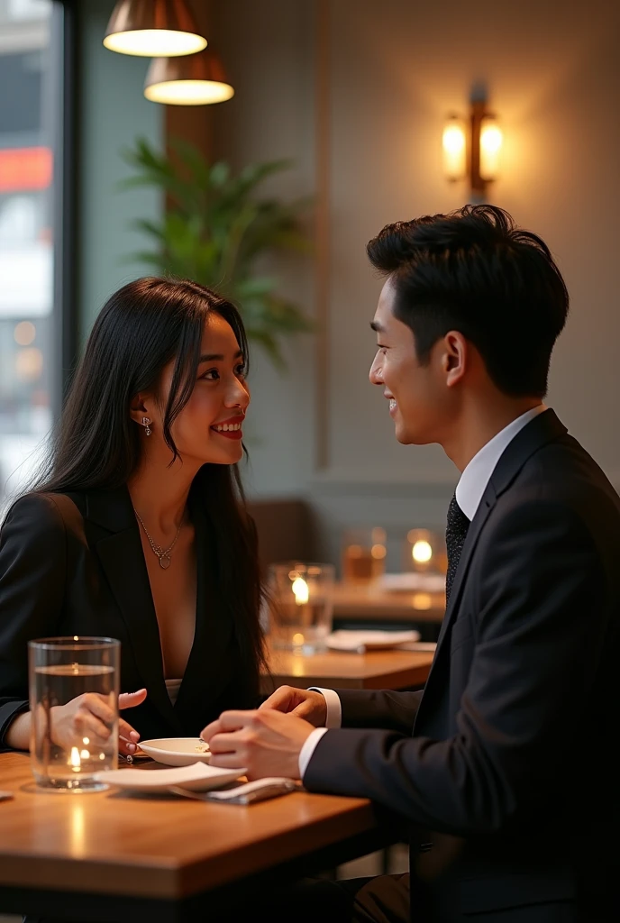 (Photorealism:1.2), Woman with indigenous traits, long hair, smooth and black, body like Paolla Oliveira, 1,60 tall, in business attire, sitting at a table in a restaurant in central Seoul talking intimately with a Korean man who looks very much like Park Bogum, vestido in business attire.