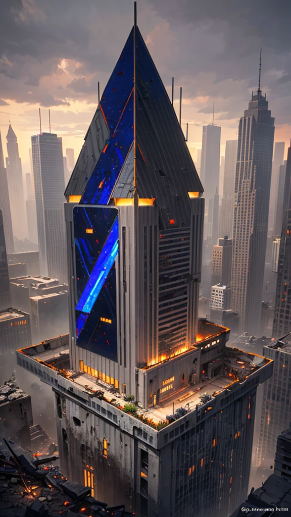 (Gray Red,Lapis Lazuli,Color Scheme:1.4)In a post-apocalyptic metropolis, The ruins of a huge city lie in ruins, Similar to Pixelated Gameplay Style. Capture the scenery from a drone's perspective, Creates a unique fisheye lens effect. It's filled with a nostalgic cyberpunk atmosphere., Dilapidated cars and buildings entangled、It presents a fascinating sight. The city is bathed in neon lights, Dust particles floating in the air give off an eerie glow.. In the midst of devastation, Nature endures, Plants slowly reclaim the cityscape as they continue to grow. The scene is a fascinating blend of futurism and decay, Create an unrealistic world,Remnants of the past merge with new possibilities for the future.