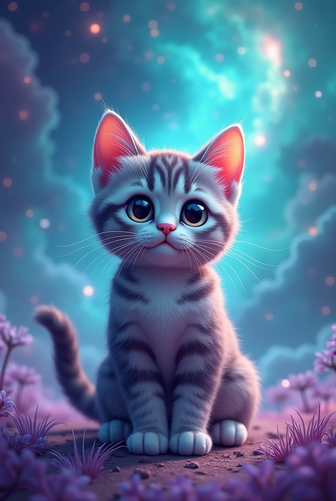 create a cute cat, It has turquoise and purple color, hiper realisitic, He is looking up, he is in front, front-facing, he has a pink nose, eyes large, realisitic, super realisitic, the background is a turquoise galaxy with purple, expanded background