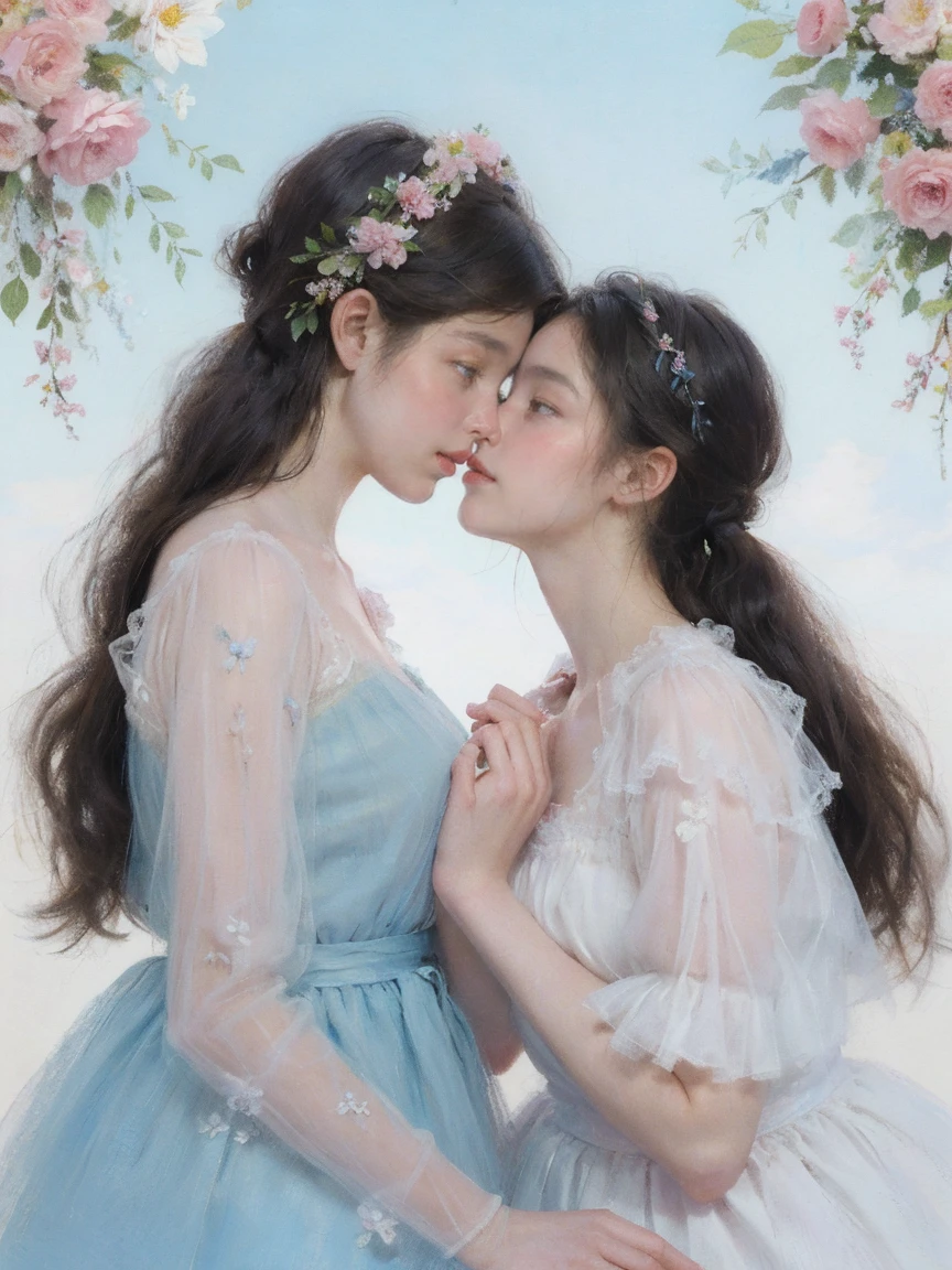 two girls are deeply in love with each other, kiss, floral, Lycianthus ,In light pink and light blue styles..., Dreamy and romantic composition..., dripping flowers on her face, in the style of collage-based, made of insects, william wegman, colorism, white background, pencil art illustrations, national geographic photo
