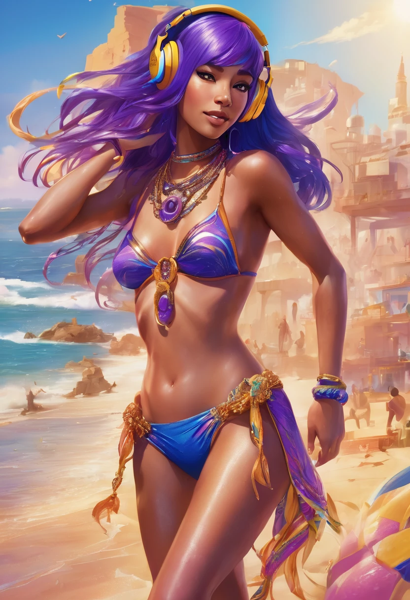 (Best quality, 4k, Masterpiece :1.3), pretty ebony woman, hyper realistic, 1girl, (massive breasts, attractive body :1.25), abs :1.1, (extreme neon rainbow hair), (curly hair:2), long hair, (rainy wet, wet from rain, wet body :1.2), ultra-detailed face, detailed lips, detailed (sparkling heterochromia eyes:1.55), double eyelid, gold sultry low neck gown gold, open cleavage, hanging breasts, side pose, visible curves, pool party, laying pool side, laying with friend, gold transparent robe gold