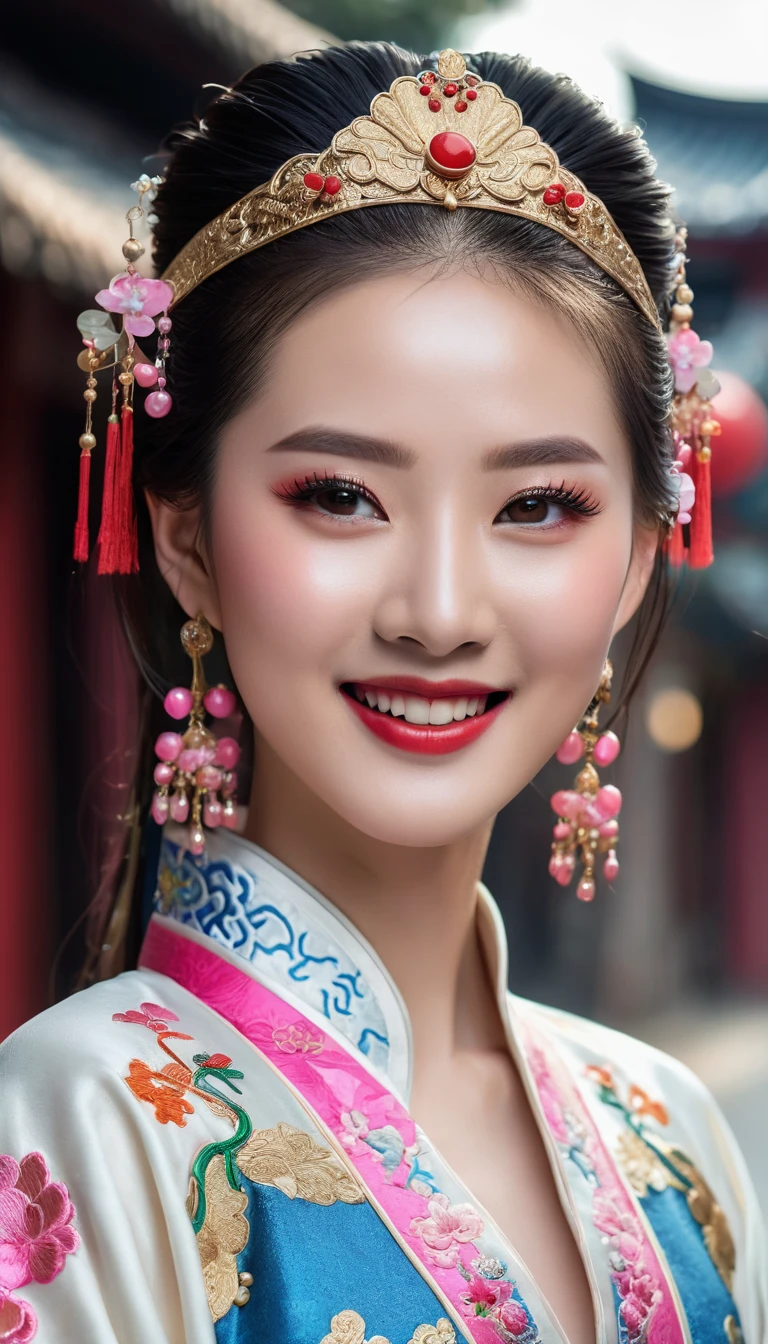 An extremely beautiful girl, Chinese model, very beautiful makeup, wearing ancient Chinese costumes, colorful eye-catching brocade embroidery, wearing expensive jewelry, smiling, using high-end cosmetics, bright smile, white and super detailed teeth, charming glossy red lips. Brown eyes, glossy makeup, charming, sharp, realistic, wet eyes, pink eyeshadow, eyelashes, blush, high-end cosmetics. The background is a deserted street, no one, luxurious houses, modern style, blue sky, white clouds drifting.
((Full body photo of the girl standing on the street)).
Hong Kong cinema style. Cinematic lighting, high detail, 8K, artstation, conceptual art, dark fantasy. Photo taken with Canon EOS R5 85mm f/11 camera, ((sharp)) mode of people and surrounding scenery. 8K picture quality, realistic, masterpiece, sharpest and highest contrast, excellent depth of field, stereoscopic light, Direct light on the face, fresh sunlight.