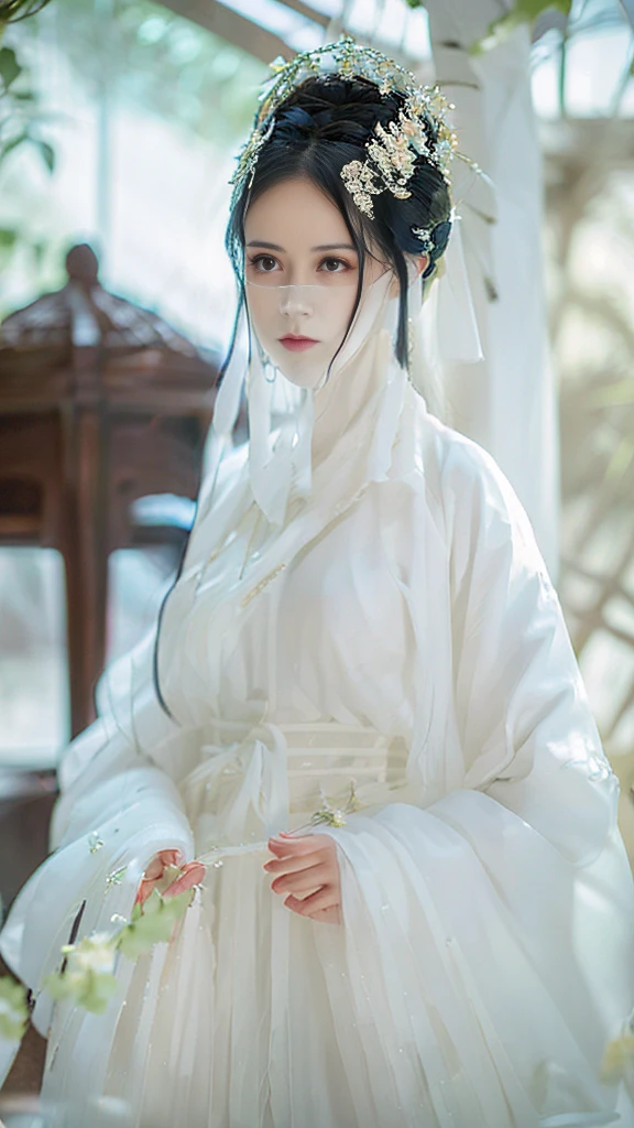 ((Long ears)),full body ,The eyes are very delicate., Human,gorgeous white hanfu,(((hair accessories)))(((face veil))),necklace,(((A garden with many flowers)), ((complicated details)), ((Surrealism))(8k)