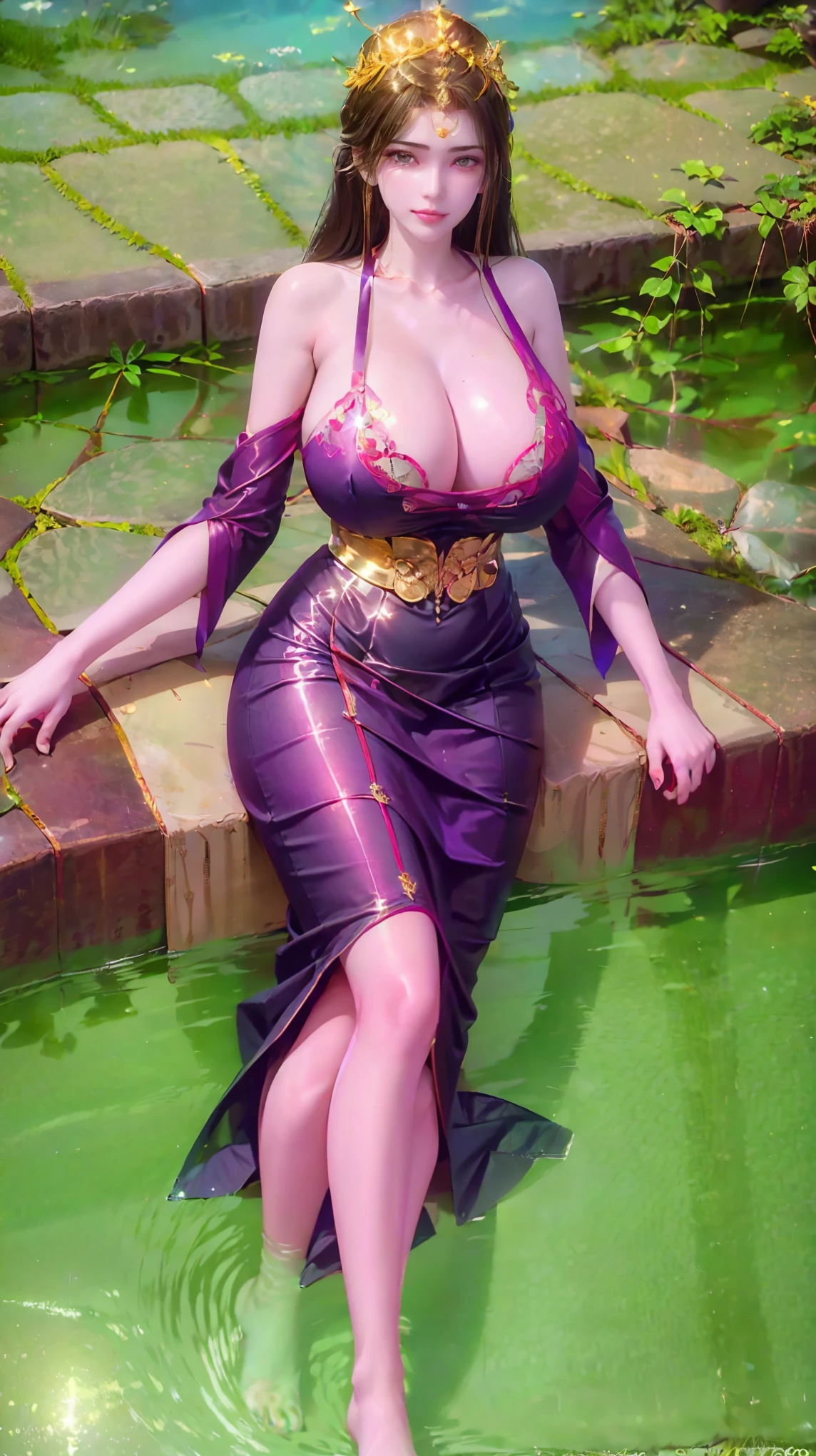 A girl lying on the bed under the stars, delicate Smile, beautiful delicate eyes, beautiful delicate lips, extremely delicate face and eyes, attractive nose, long eyelashes, shyfully smiling, sexy body, wearing gorgeous purple skirt, flowing hair, shining golden crown on head like queen, best picture quality, famous works, ultra high resolution, (realistic :1.4), RAW photos, (Beautiful face :1.2), (Lying on the water :1.5), 1 girl, (Surreal), (8K), (4K), physical rendering, starry sky, ((full body shot)), barefoot, cross-legged, wearing a dress, long skirt, Shyfully Blushing.