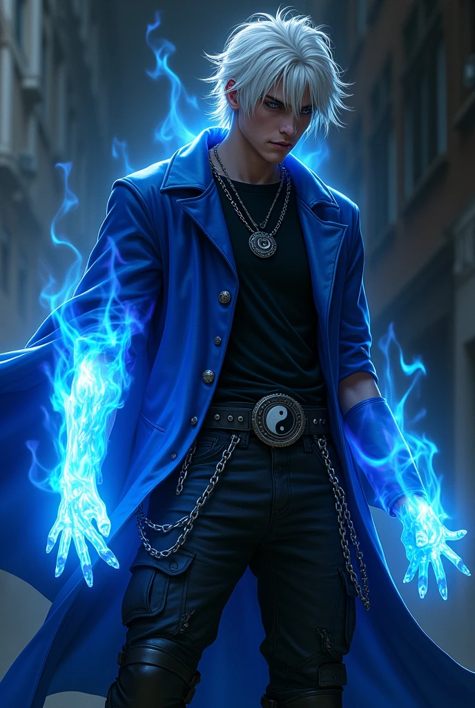 Male age 20, greman, crazy smile, gray eyes, white hair visual kei, evil eyes, long crazy smile, royal blue and black leather matrix gabardine open, soft black t-shirt, black cargo pants, only right arm on blue flames, cyberpunk style, belt with a blue ying yang, chains around the belt, athletic, magic powers, action, cunning look, leather black boots with metal pins, black cat nails, comical pose, black night background, uncovered head
