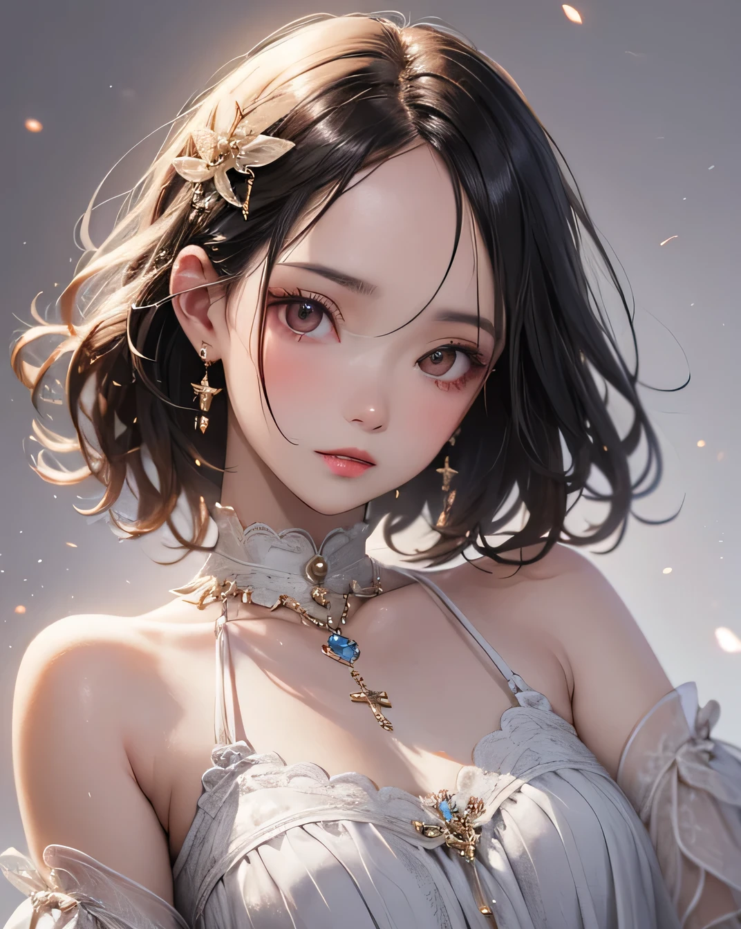 Highest quality, White skin, Fine skin, (Detailed), Ultra-high resolution, (8k, RAW Photos, Realistic: 1.4), One beautiful woman, slim, (Gentle, goddess-like eyes) happiness: 1.2), Beautifully detailed face, (Short Bob), Lip gloss, (Highest quality, Ultra-high resolution, Wide Lighting, Natural Shading), (Upper Body), Elegant Dress