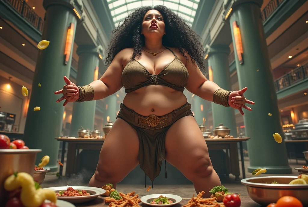 scavenge,cooking battle,fat muscular woman Iron Chef: Quest for an Iron Legend,the back ground is in a fancy restaurant, surrounded by food, food everywhere, table full of food in foreground,kitchen stadium