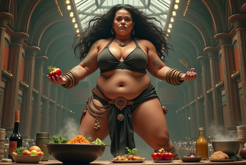 scavenge,cooking battle,fat muscular woman Iron Chef: Quest for an Iron Legend,the back ground is in a fancy restaurant, surrounded by food, food everywhere, table full of food in foreground,kitchen stadium