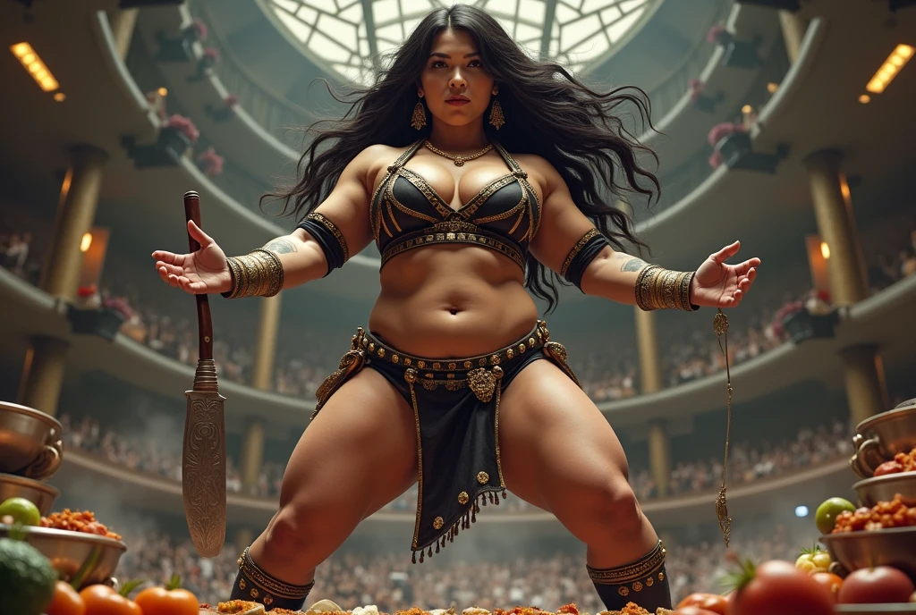 scavenge,cooking battle,fat muscular woman Iron Chef: Quest for an Iron Legend,the back ground is in a fancy restaurant, surrounded by food, food everywhere, table full of food in foreground,kitchen stadium