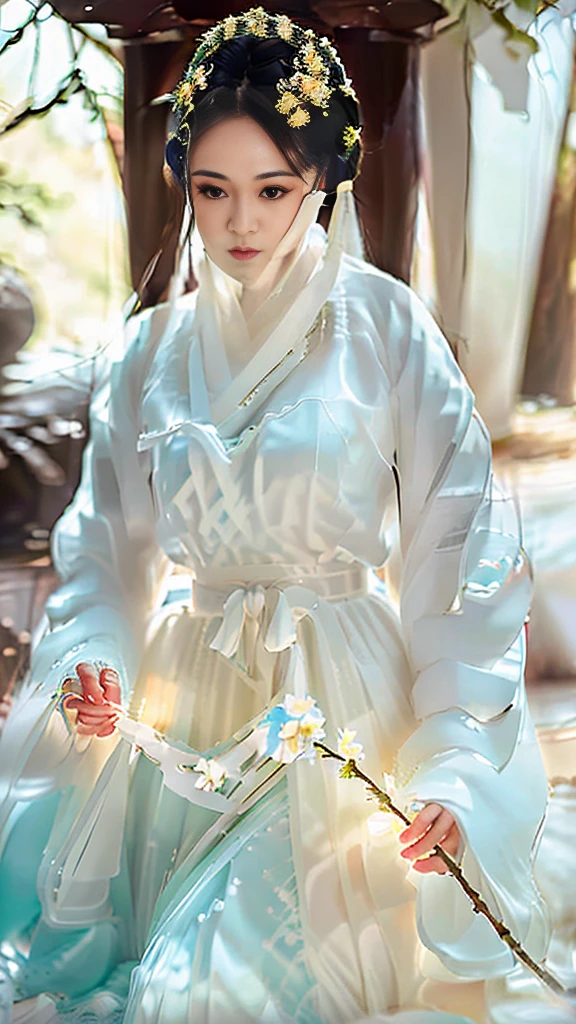 （（Long ears）），full body ，The eyes are very delicate.， Human，gorgeous white hanfu，（（（hair accessories）））（（（face veil））），necklace，（（（A garden with many flowers））， （（complicated details））， （（Surrealism））（8k）