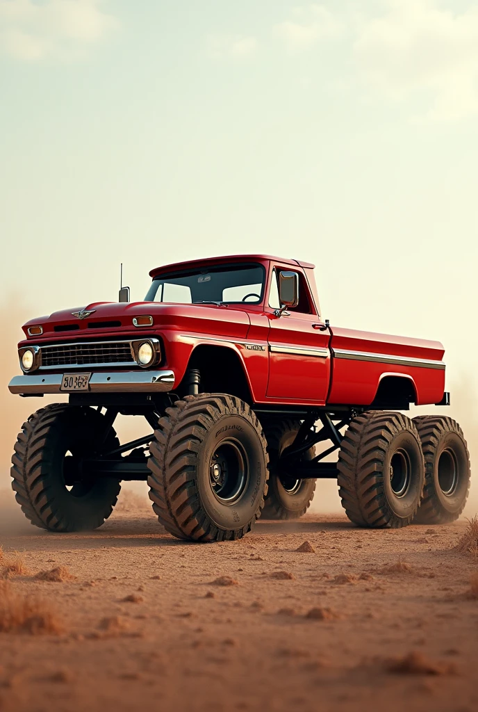 Red 6-wheel low-lying pickup truck from the side
