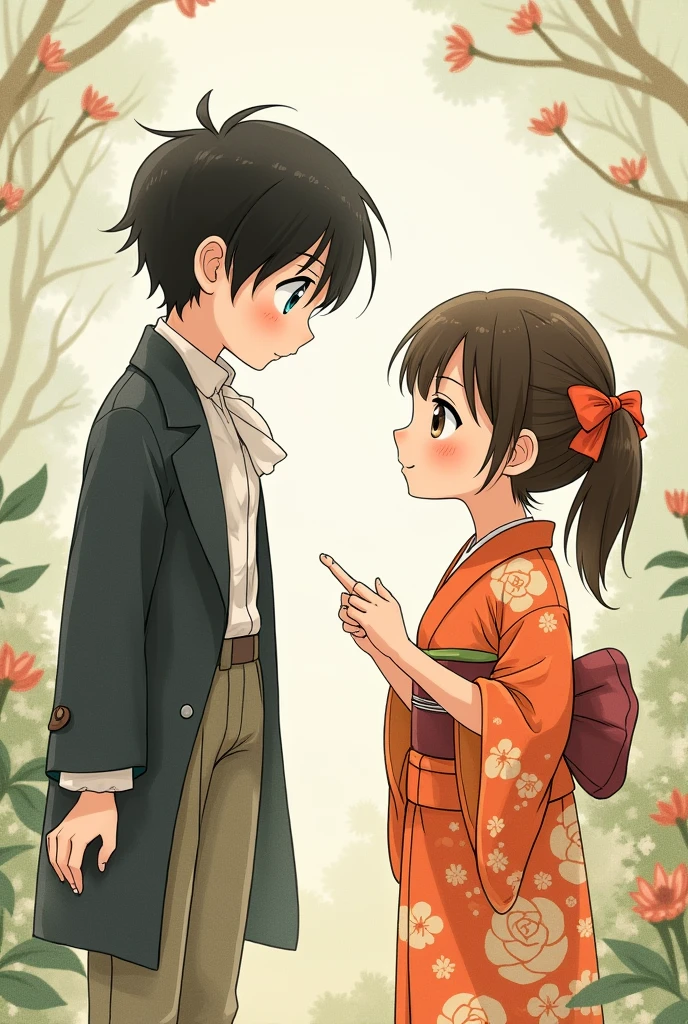 Create a girl with dark brown hair, with pigtail. Brown eyes with traditional Japanese clothing. Holding a boy's arm, Black hair and blue eyes, in elegant French attire while looking at her confused. studio Ghibli