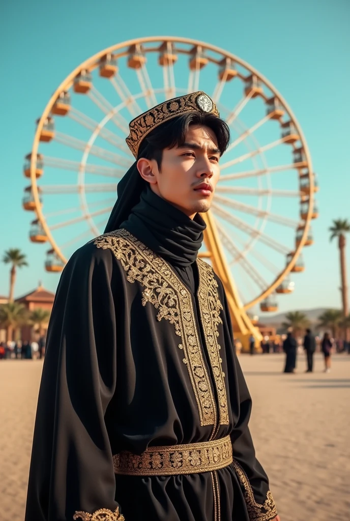 Arabian style man standing with Ferris wheel in the background, Hyuntae, Shin Jinyoung, Album art, Cai Xukun, Profile photo 1024px, Kim Do-young, Hong Jun hyung, Yanjun Chent, Brady of the Drain Gang, Bad Ulzzang, Chen Xintong, Shot with Canon EOS 5D Mark IV