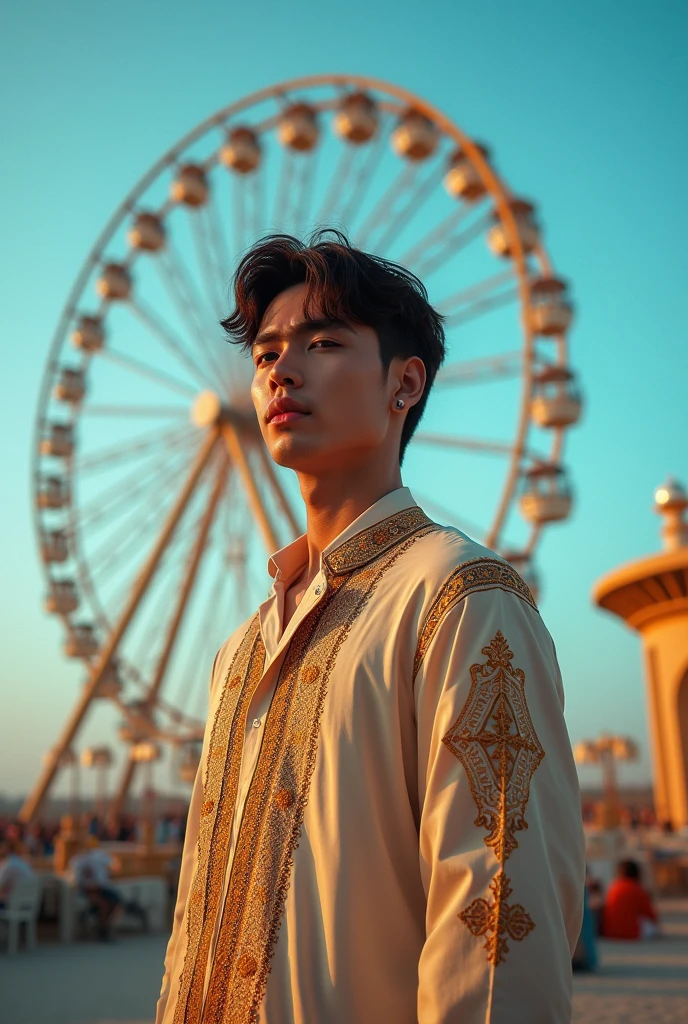 Arabian style man standing with Ferris wheel in the background, Hyuntae, Shin Jinyoung, Album art, Cai Xukun, Profile photo 1024px, Kim Do-young, Hong Jun hyung, Yanjun Chent, Brady of the Drain Gang, Bad Ulzzang, Chen Xintong, Shot with Canon EOS 5D Mark IV