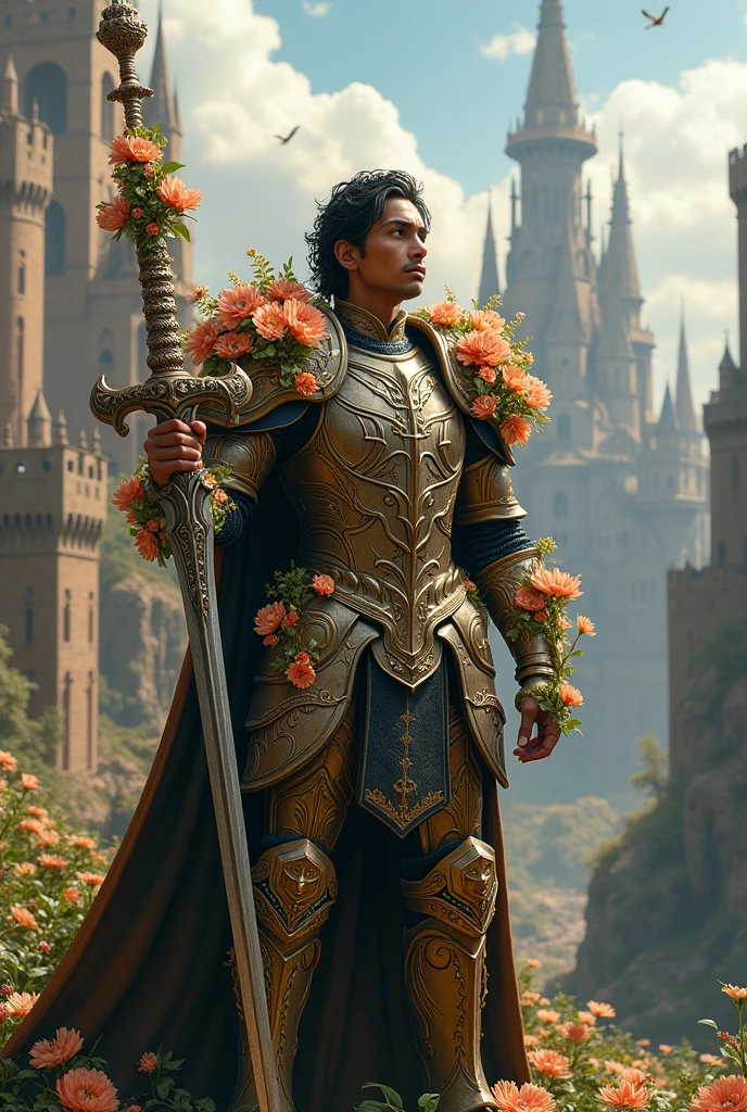 flower4rmor, photo of a brazilian man wearing flower knight armor, fantasy medieval city background, holding flower sword, realistic, masterpiece, intricate details, detailed background, depth of field,