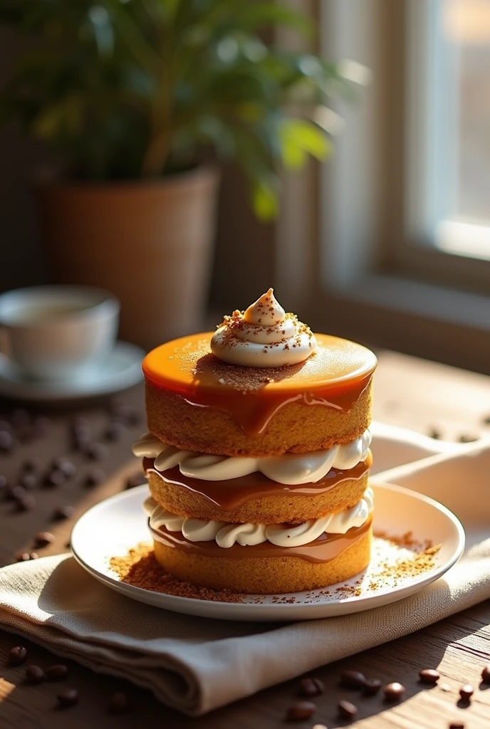 {Caramel Espresso Cream Cake} -- A sophisticated layered cake inspired by a caramel espresso latte. The cake features alternating layers of espresso-infused sponge and caramel mousse, covered in a smooth, glossy caramel glaze. The top is decorated with a swirl of whipped cream and a light dusting of espresso powder, capturing the essence of the drink. The cake is served on a rustic linen napkin, with coffee beans scattered around for added texture. The soft, golden light streaming through a window highlights the glossy caramel glaze, creating a warm and inviting scene. -- {photorealistic}, {high-resolution}, {warm and rich tones}, {luxurious cake photography}, {natural light}, {Instagram aesthetic}, {gourmet dessert experience}, {caramel and espresso elegance}