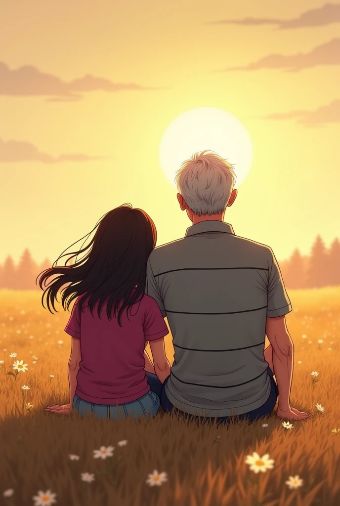Create a tattoo design featuring a girl and her grandfather sitting on a cut tree branch in an open field. Only their backs are visible, with the girl on the left side and the grandfather on the right. The grandfather is wearing a gray polo shirt with thin black stripes, while the girl is in a magenta shirt. The girl’s height does not reach up to her grandfather’s shoulder. Nearby, there are flowers and the sun. The girl’s straight hair extends to her elbows and appears slightly swayed by the wind on her left side. Make the girl a little smaller and a more like a baby.