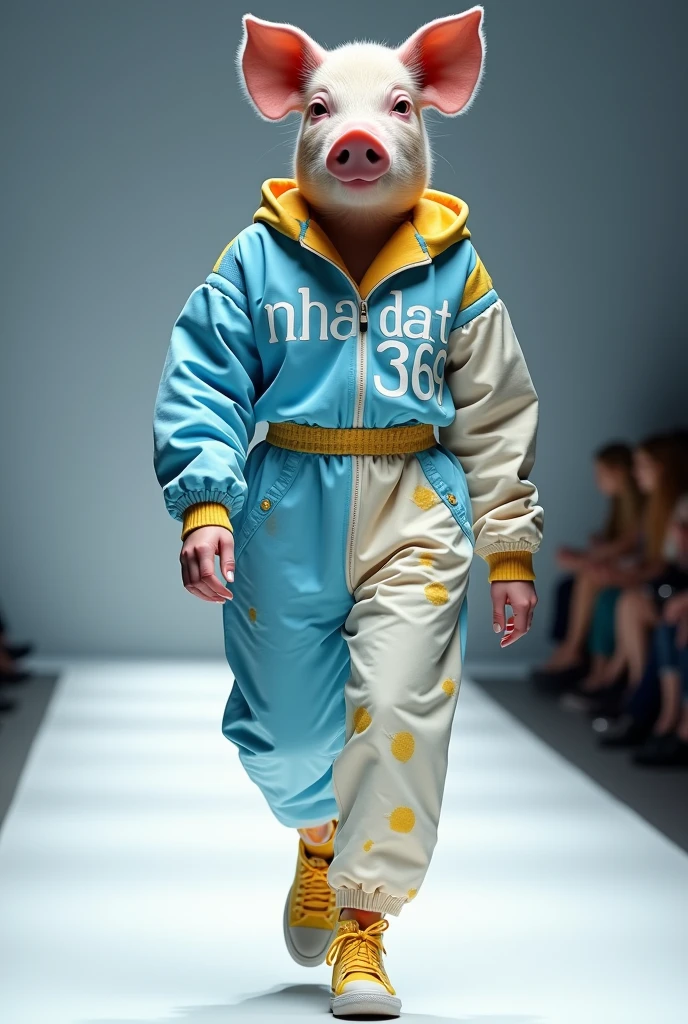 Tạo cho tôi hình ảnh một cô gái có khuôn mặt của 1 chú heo đang catwalk trong trang phục trẻ trung màu xanh dương kết hợp màu trắng và vàng, trên trang phục có dòng chữ Nha Dat 369, ảnh toàn thân