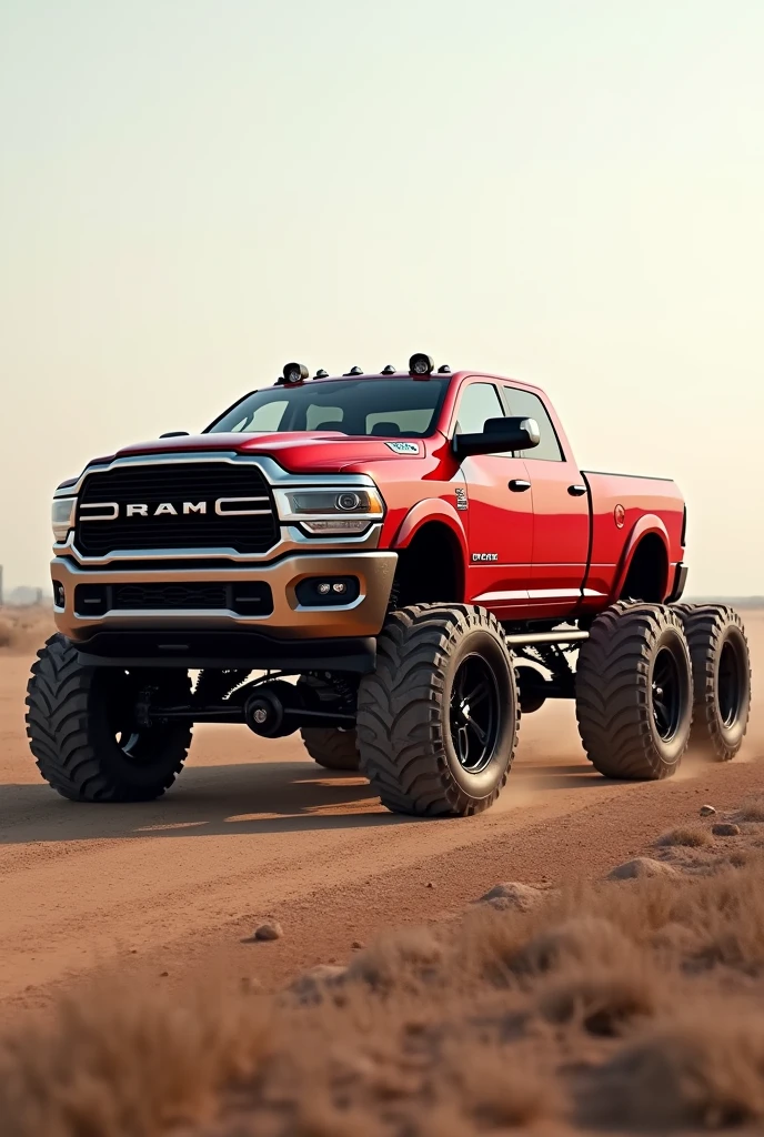 Red 6-wheel low-lying pickup truck from the side