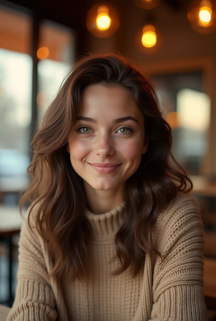 Belle brune portant un pull beige (dans un café moderne au coucher du soleil), très détaillée, 21 ans, Visage innocent, cheveux ondulés naturels, yeux vert, résolution élevée, Chef-d'œuvre, meilleur qualité, détails complexes, très détaillé, mise au point nette, peau détaillée, texture de peau réaliste, texture, yeux détaillés, professionnel, 4K, sourire charmant, filmé en Canon, 85 millimètres, faible profondeur de champ, Couleur Kodak Vision, corps parfaitement ajusté, extrêmement détaillée, photographier_\(ultra\), photoréaliste, réaliste, Post-traitement, Un maximum de détails, rugosité, vie réelle, ultra réaliste, photoréalisme, photographie, 8k euh, photographie, épaule nue, très-petit décolleté, sans sous-vêtement, Sexy, flirte avec la caméra, regarde Sexy, regard directement la camera, visage dégagée, ne porte pas de sous vetements, téton visible sous tshirt,