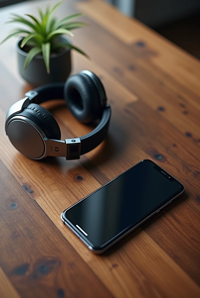 Headphones and a cellphone on a brown table seen from above. ultrarealistic hd, add testure