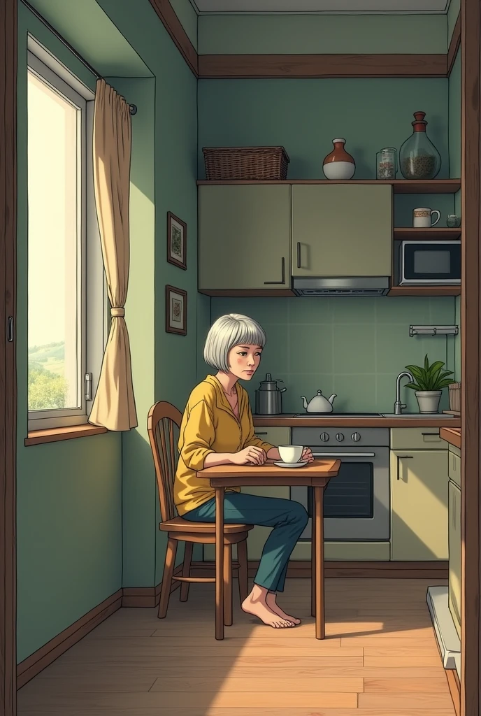 create a manga style image with the following description, A female character with short, slightly gray hair and signs of age is sitting alone at a small table with a cup of tea., the environment consists of a studio that divides the living room and kitchen into the same space, She has a lost look, focused on her thoughts.