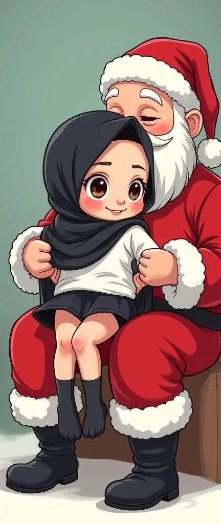 Cartoon with text:
(Masterpiece, best quality, 4k, expressive eyes, perfect face), cute and adorable girl, little cartoon girl, (beautiful face, detailed eyes), wearing black hijab, (flat style,, hand drawn style, 2d style, Cartoon artstyle, toon style), (white shirt, black miniskirt, exposed legs, black socks, sketcher shoes, (full body view), sitting on Santa's lap, santa pulling up her skirt, underwear, panties