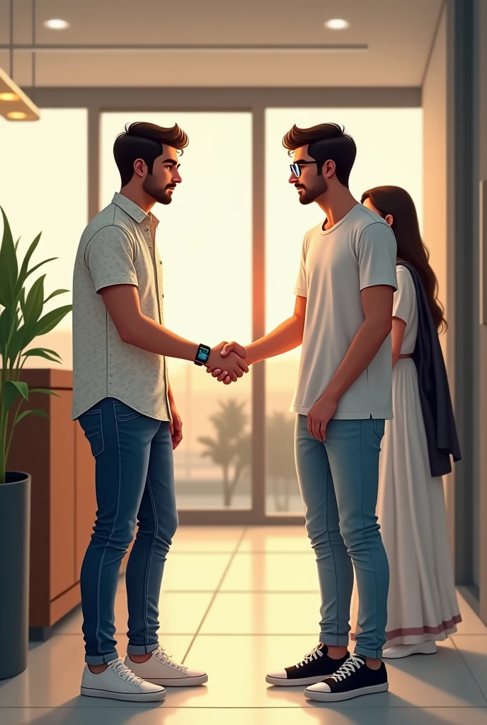 Two young men are waiting for their girlfriends in the reception area of ​​the office. One young man is wearing a white printed shirt, jeans, white shoes and smart watch and the other one is wearing a white full sleeve T-shirt, jeans, glasses and black sneakers. His girlfriend comes there wearing a white Indian suit, black pallu, white shoes and specs. Then she shakes hands with both the boys.