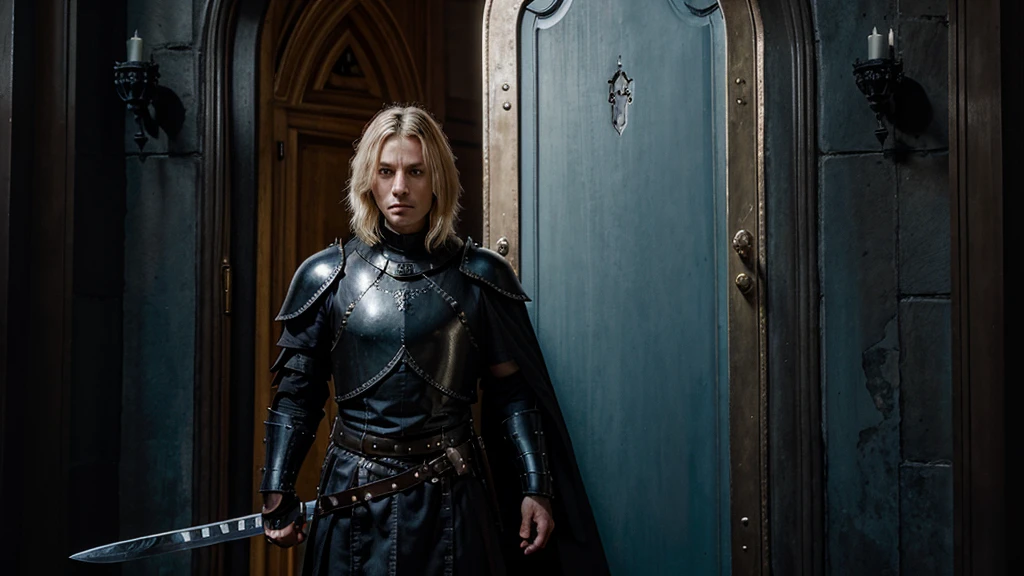 a simple guard in a gothic based theme, guarding a colossal metal palace door, holding a sword and a shield, wearing black armour with a hint of blue, blue eyes, with blonde short hair and no beard