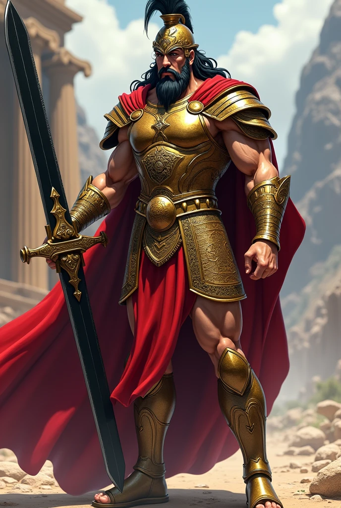 image of a Mycenaean warrior from ancient Greece holding a black-bladed sword, ((anime styling)), bronze armor with red vestments, maximum detail, best qualityer, highlight the sword.