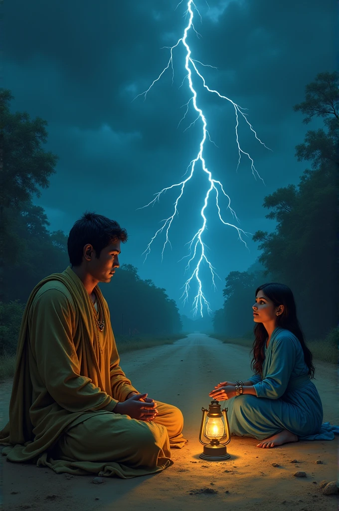 Upagupta ,the disciple of Buddha wearing sage clothes, is lying on the side of dusty road of Mathura without any pillow or any other amenities in 3rd Century BC at a stormy night and a young woman sits besides Upagupta .He just opens his eyes while lying on the road.She is dressed in blue mantle and is having young body and wearing anklets and has a old kerosene lamp in her hand.They both are alone and a lightning is struck at that time.