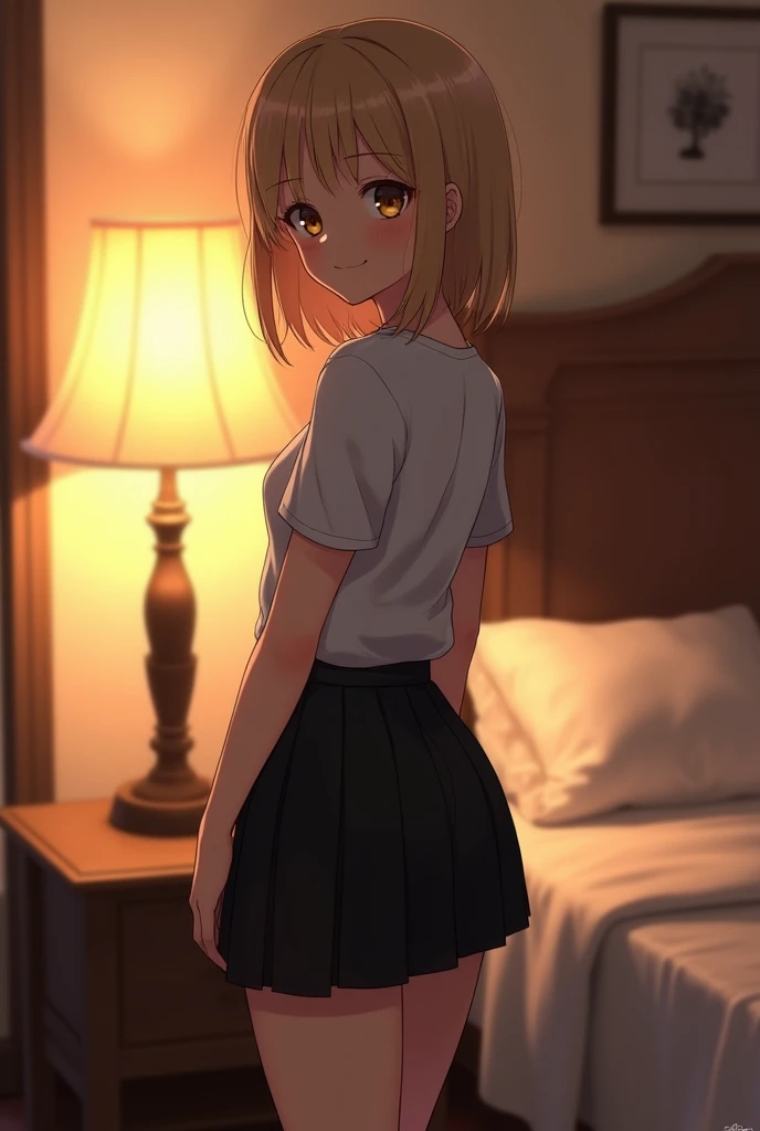 full body, a girl, 150 cm tall, face with soft European features and innocent, light blond hair, medium breasts, medium ass, wearing black pleated mini skirt, wearing white school t-shirt, standing next to the bed, natta's bedroom, lamplight. back to the viewer, looking at the viewer, smiling at the viewer