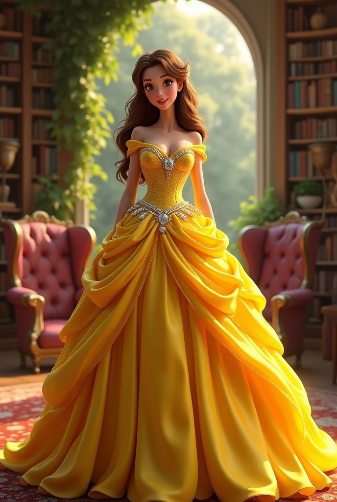 (photorealism:1.2), Disney princess Bella, standing in a library, wearing glamorous, bright, yellow ball outfit full of diamonds, brown and gorgeously tied hair, indoors, soft lighting, plants in background, window with sunlight, cozy room, standing pose, realistic, intricate details, warm colors