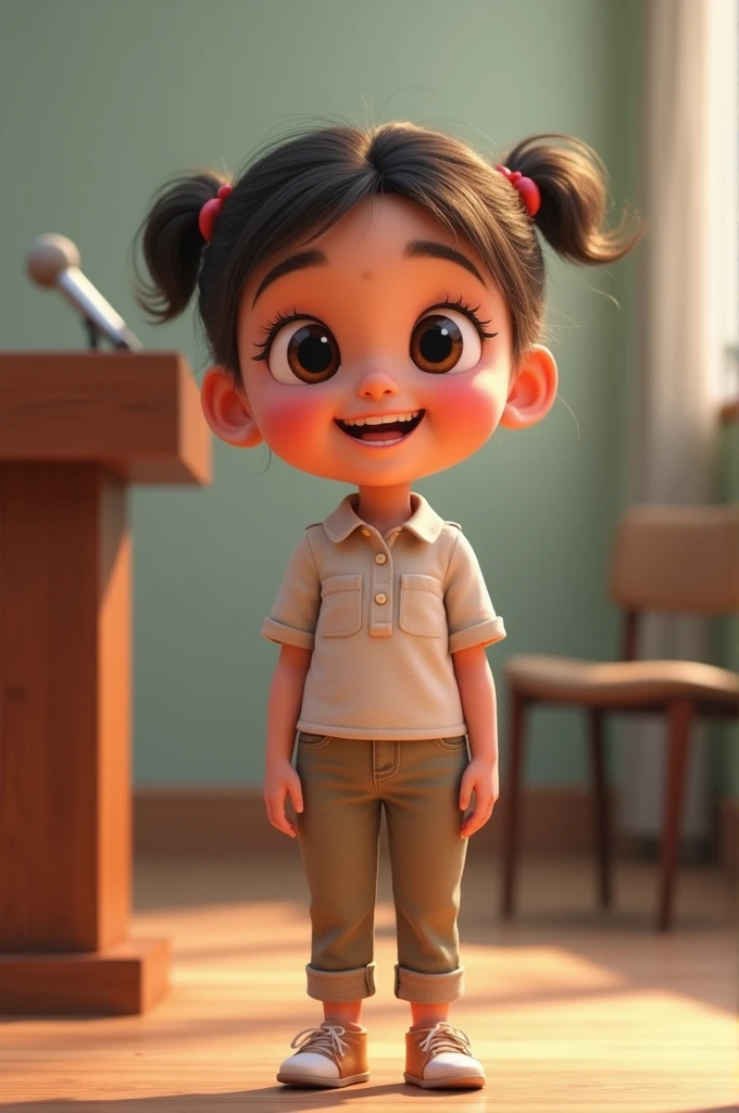 A small girl stands over a chair near podium and smiles