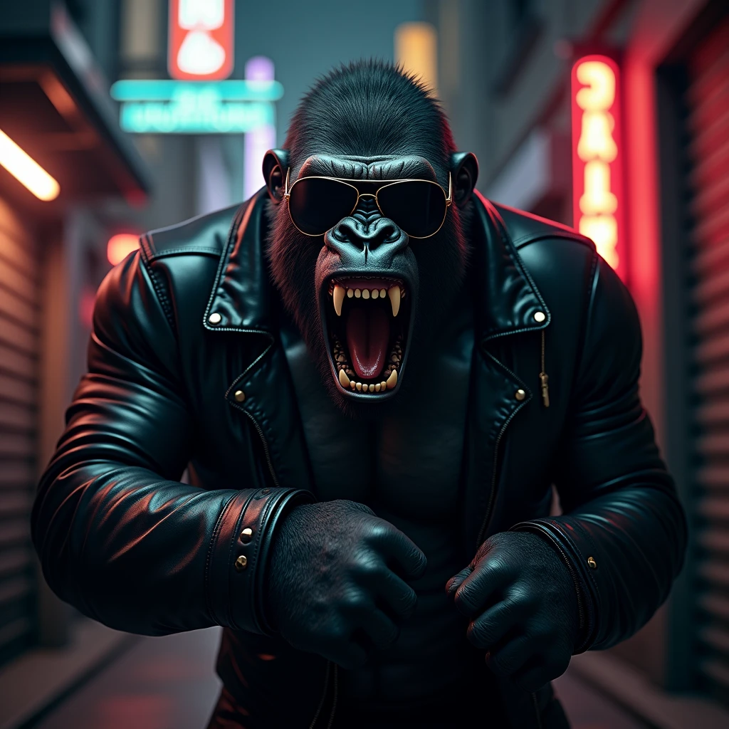 怒ったイケイケゴリラ: "A hyper-realistic image of a muscular gorilla wearing sleek aviator sunglasses, its face contorted in anger. The gorilla's fists are clenched, and its body language is aggressive, but its stylish attire, like a leather jacket, adds a cool, 'bad boy' vibe. The background is a dark alleyway with neon lights, giving the scene a tough, urban atmosphere."
