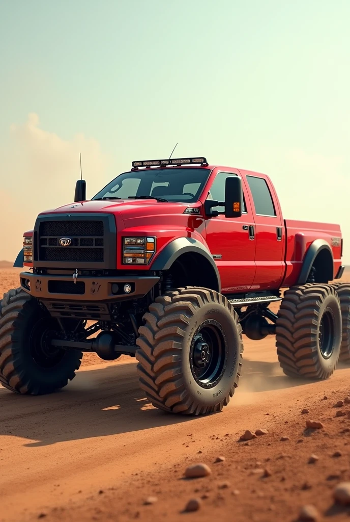 Red 6-wheel low-lying pickup truck from the side