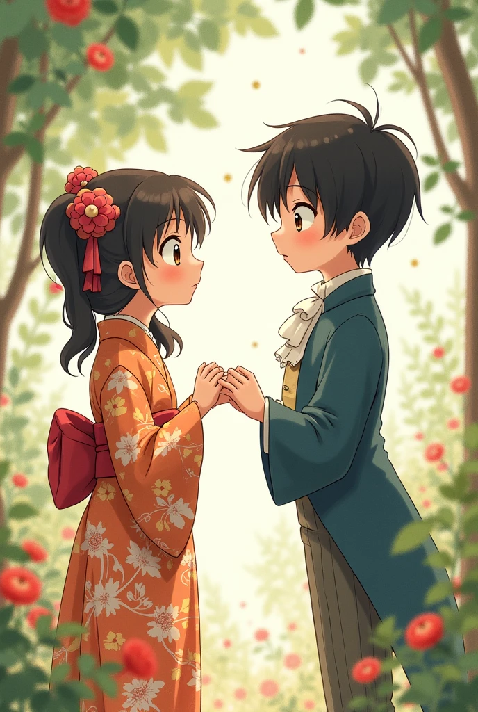 Create a girl with dark brown hair, with pigtail. Brown eyes with traditional Japanese clothing. Holding a boy&#39;s arm, Black hair and blue eyes, in elegant French attire while looking at her confused. studio Ghibli