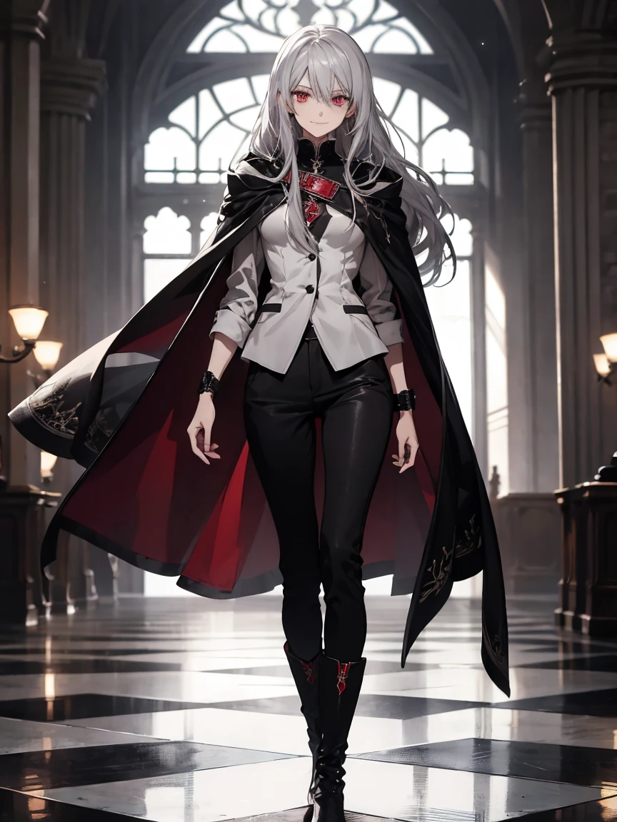 (Confused, High resolution, Very detailed), 1 female, Silver Hair,Long Hair,Knot,Crimson Eyes,Black and white clothes,27th generation,beauty,mature,thin,quiet,Small smile,Cape,Slender and thin,boots,skinny pants,lobby,Small breasts,