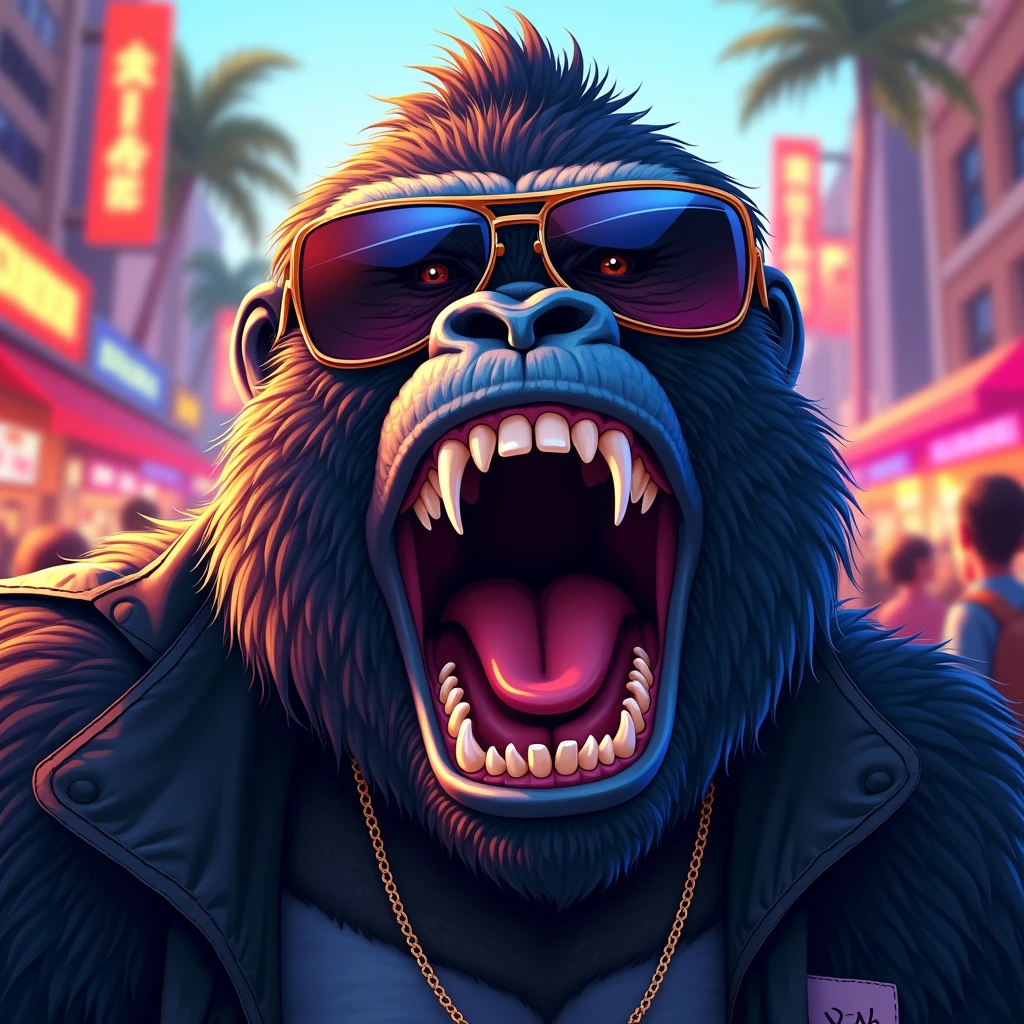笑っているイケイケゴリラ: "A highly detailed close-up illustration of a gorilla with a broad grin, wearing reflective sunglasses and a stylish bomber jacket. The gorilla is laughing heartily, showing its teeth, and its eyes are hidden behind the cool shades. The background is a vibrant street festival with colorful lights and a lively crowd, enhancing the party atmosphere."