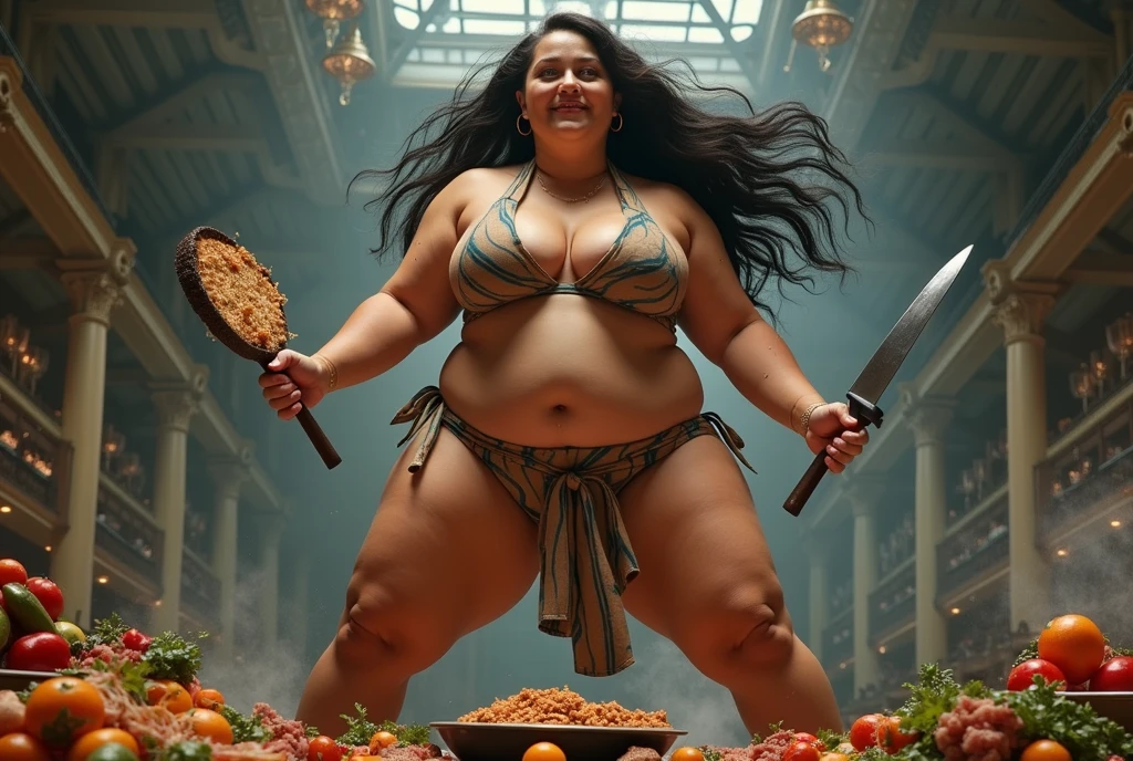 scavenge,cooking battle,fat muscular woman Iron Chef: Quest for an Iron Legend,the back ground is in a fancy restaurant, surrounded by food, food everywhere, table full of food in foreground,kitchen stadium