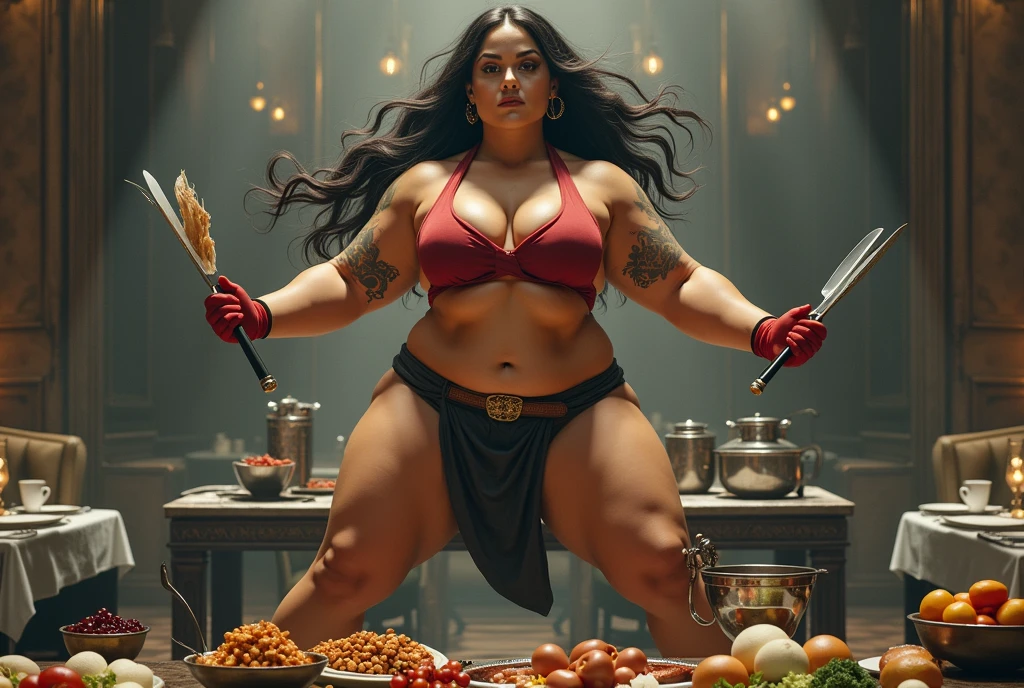 scavenge,cooking battle,fat muscular woman Iron Chef: Quest for an Iron Legend,the back ground is in a fancy restaurant, surrounded by food, food everywhere, table full of food in foreground,kitchen stadium