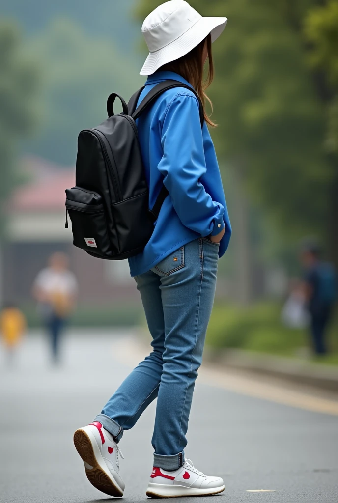 One of going to school, with a black bag, blusa azul, white hat, jeans, Nike shoes.