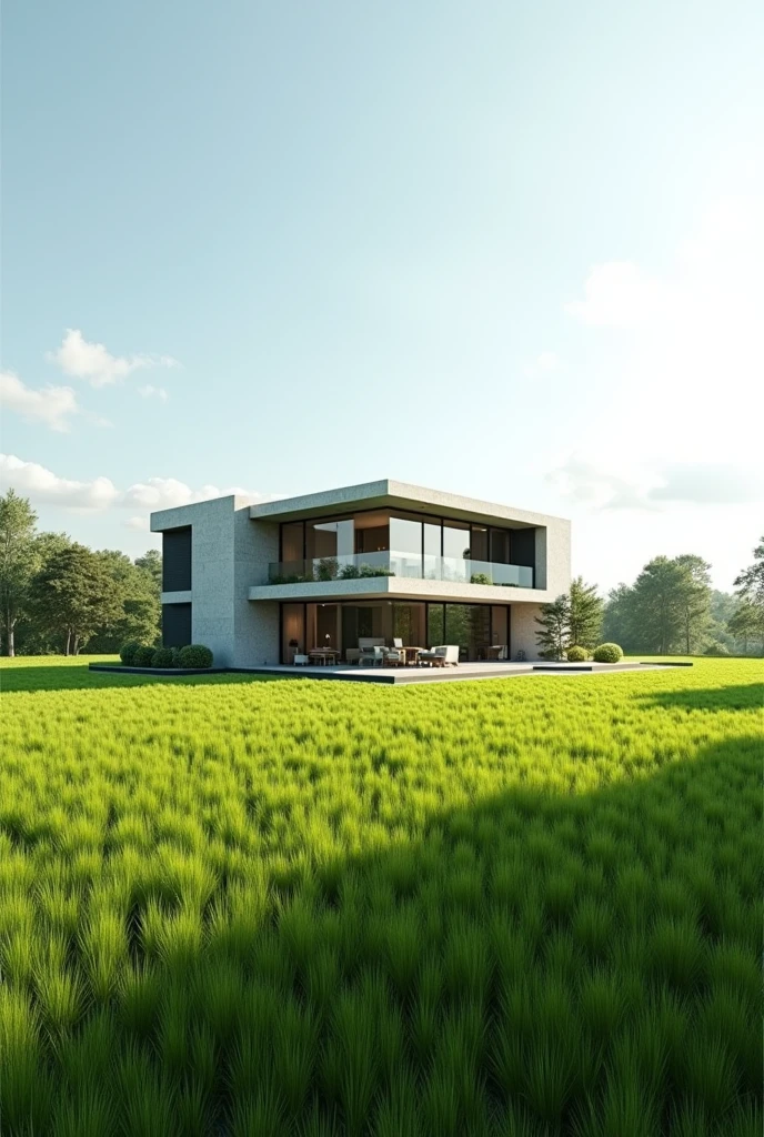 A modern house in a open grass place