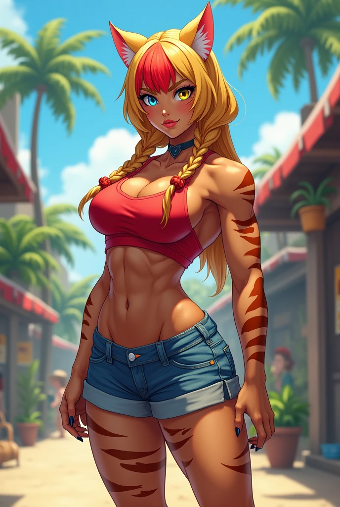 Heroine Very muscular woman body builder body of a professional fighter athletic great physical attributes brown skin with tanned tiger spots she has sun marks from her bra and thong panties in Vê, She is blonde with long hair with a single red fringe and has two long braids and cat ears., It has eyes of two different colors, the left one is pool blue and has a pool blue sclera, the right one is yellow and has a yellow sclera, both eyes have a cat&#39;s pupil, has black claws on its nails, she has a heart collar around her neck, She is wearing very typical Brazilian clothing, a red women&#39;s tank top, denim shorts and flip-flops.. Art style Vtuber 2.5D. She is dancing samba to the music.