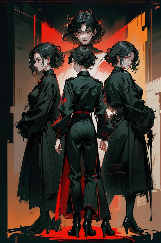 Lord of Chaos Black Hair youth Green Painting Red and black design Very short hair Front view Back view Same clothes Full body view So that all the clothes can be seen Model Sheet Character Sheet Character Models Design Sheet